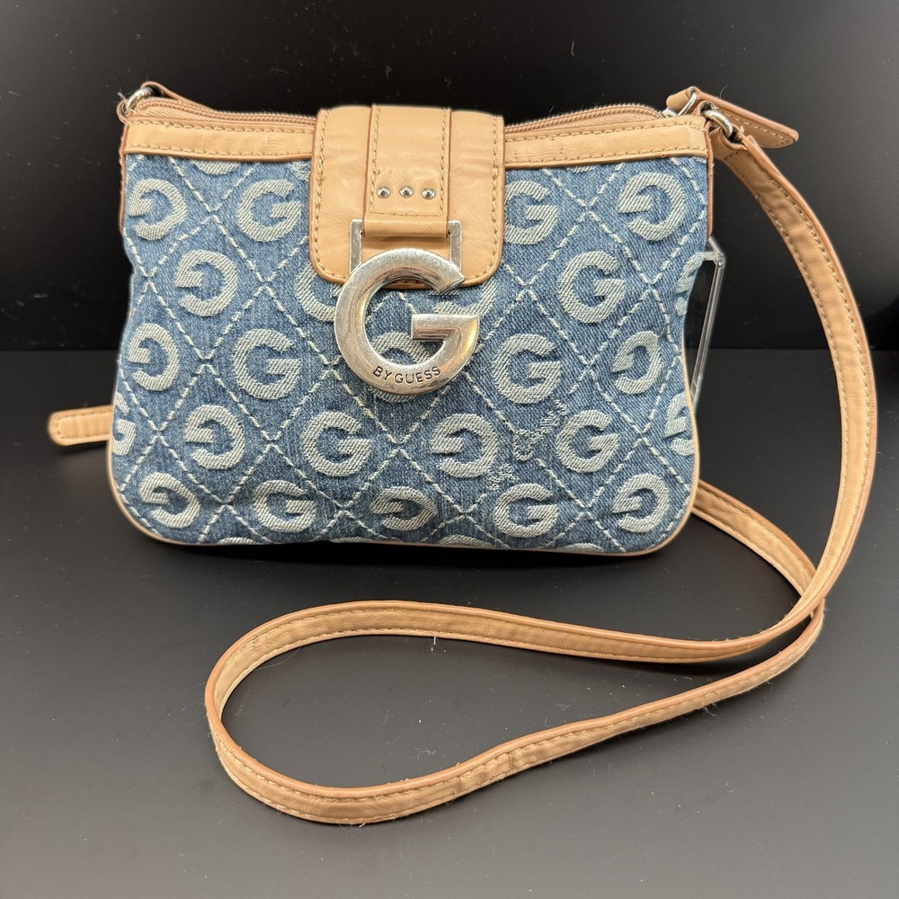 G by Guess Denim Monogram Crossbody Bag Y2K McBling Silver Logo Leopard Lining